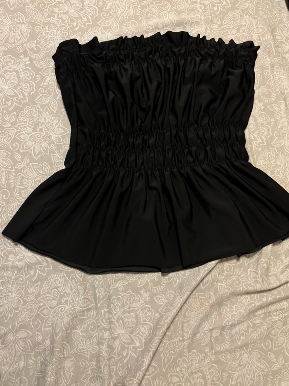 Black Smocked Strapless Peplum Top